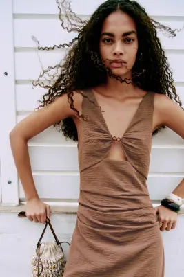 Robe découpée en lin mélangé - Beige foncé — photo 2