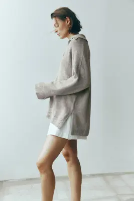Pull en maille fine avec col - Taupe chiné — photo 3