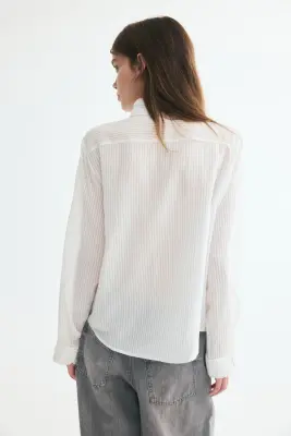 Chemise à col droit avec bords ruchés - Blanc/rayé — photo 4