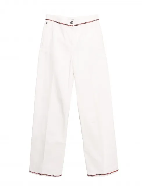 Jean taille haute droit en coton blanc liseré tweed bleu rouge Prix boutique 2800€ Taille XS