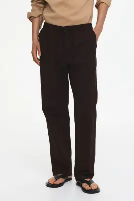 Pantalon Regular Fit en lin mélangé - Marron foncé — photo 1