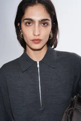 Polo en maille fine de laine mérinos - Gris foncé chiné — photo 2