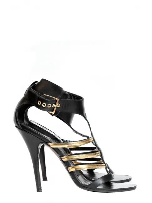 Sandales à talon en cuir noir et bride métallique dorées Px boutique 650€ Taille 37