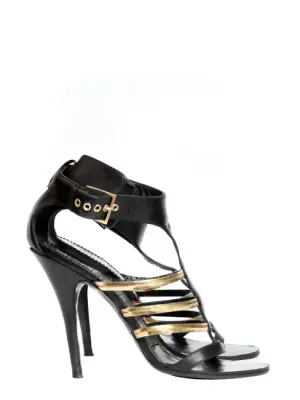 Sandales à talon en cuir noir et bride métallique dorées Px boutique 650€ Taille 37