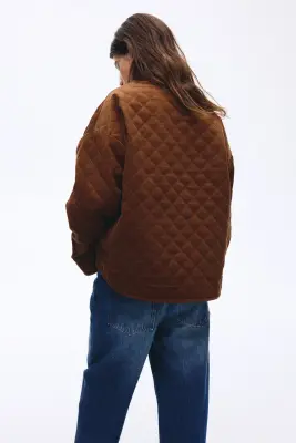 Veste oversize matelassée en velours côtelé - Marron — photo 2
