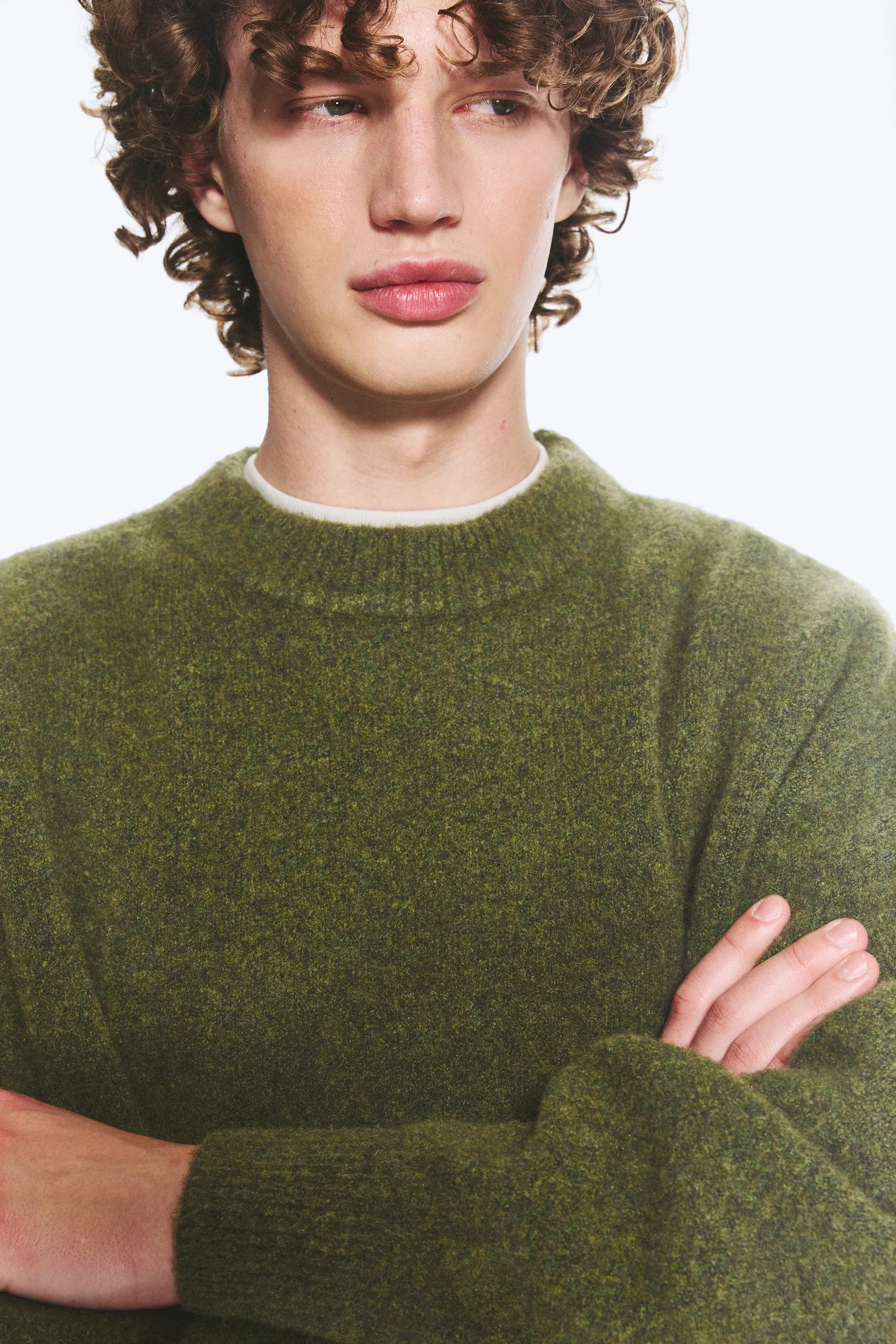 Pull en laine mélangée à col rond et coupe décontractée - Vert mousse