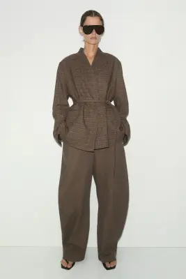 Blazer oversize avec ceinture - Beige foncé/carreaux — photo 3