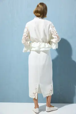 Jupe en lin mélangé avec broderie anglaise - Blanc — photo 2
