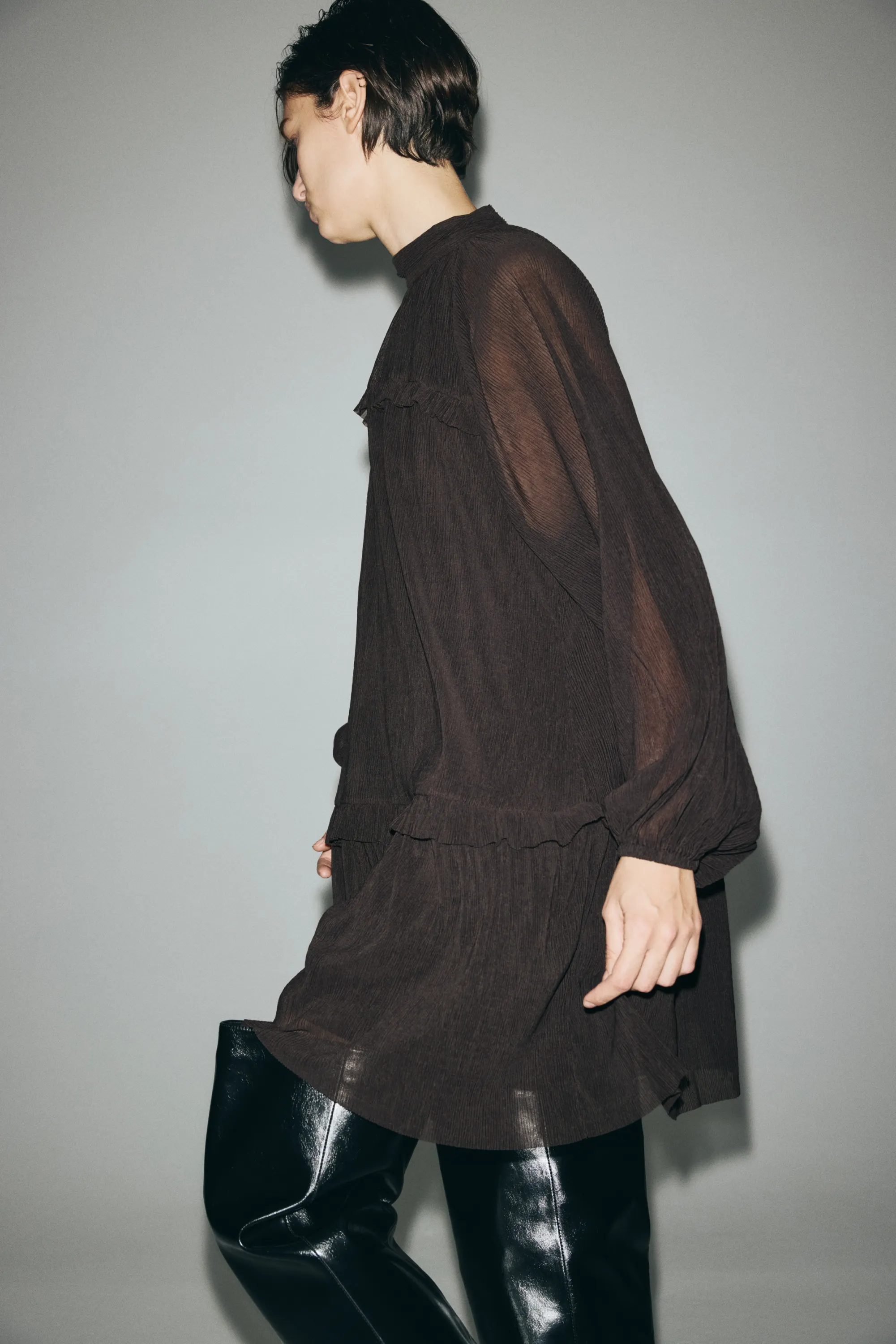 Robe plissée en jersey - Marron foncé