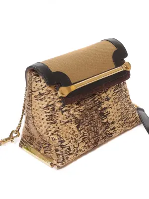 Sac CLARE en cuir noir, tissu marron et raffia beige chaîne bandoulière dorée Prix boutique 2250€ — photo 5