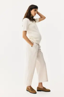 MAMA Pantalon à cordon en lin mélangé - Beige clair — photo 2