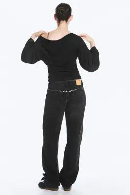 JEAN IMOO STUD LOOSE DROIT À TAILLE BASSE - Noir délavé — photo 4