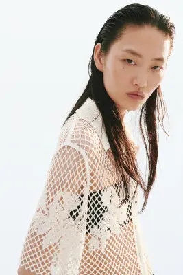 Chemise façon crochet avec perles fantaisie - Crème — photo 3