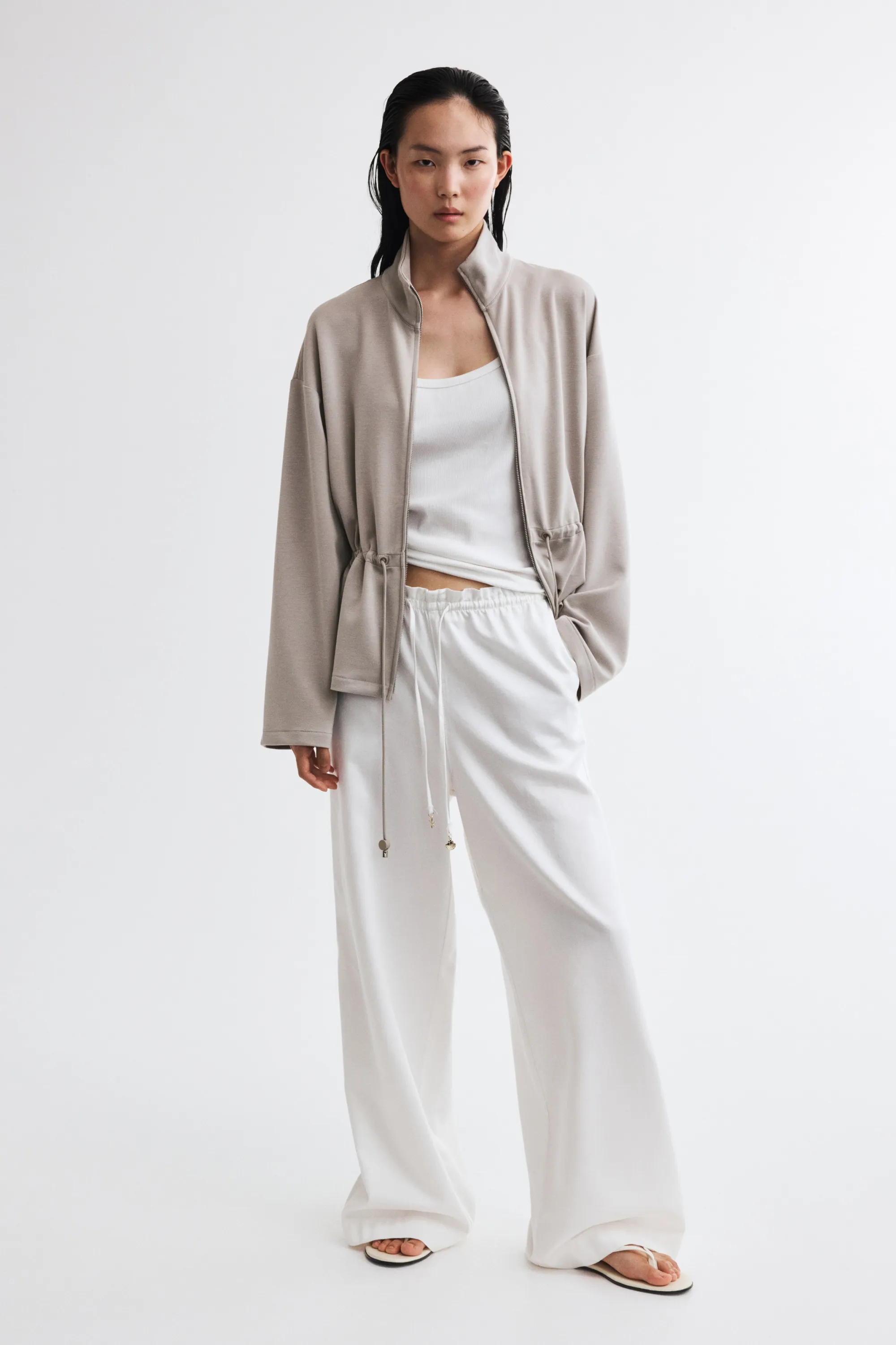 Sweat zippé avec cordon de serrage - Gris clair chiné