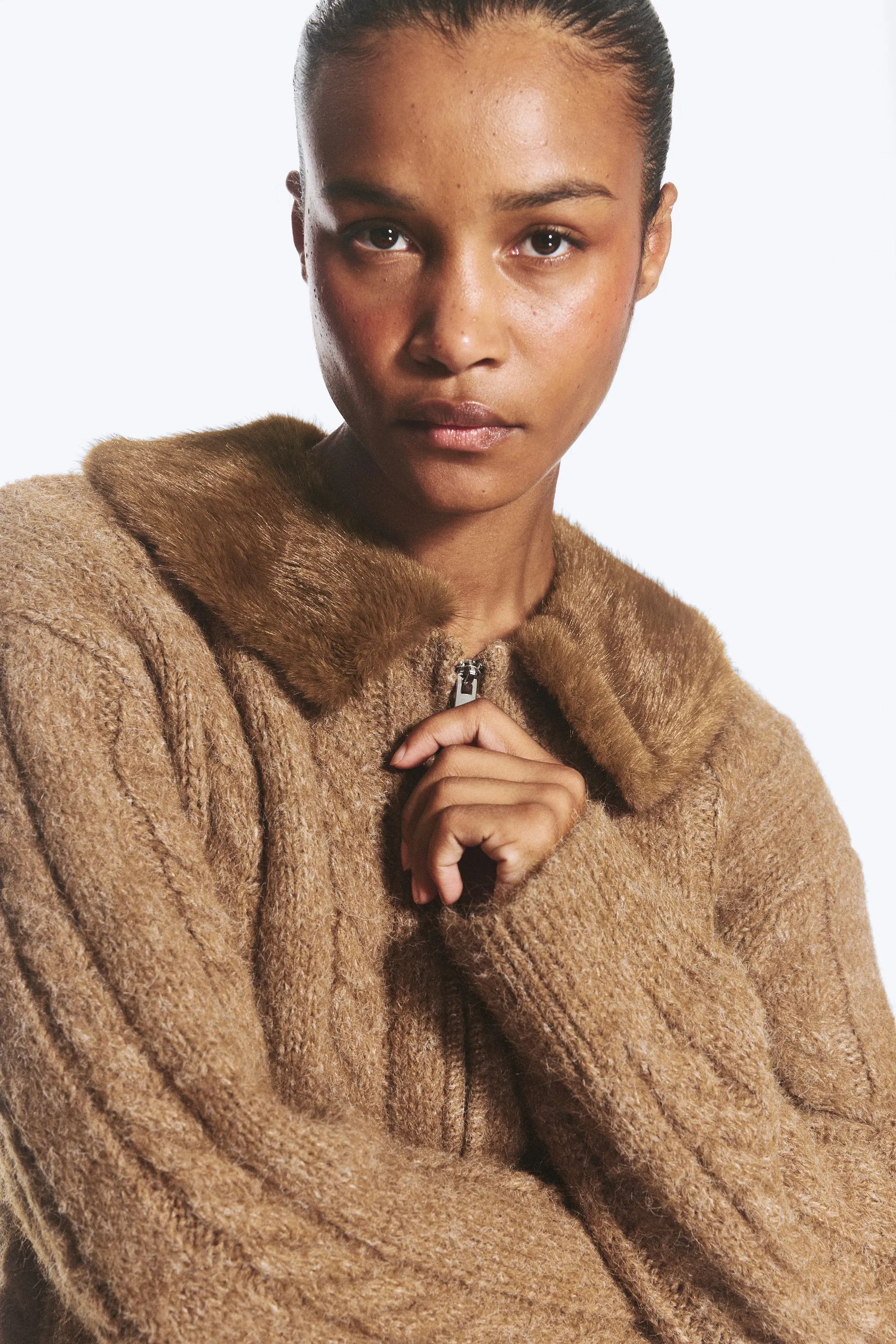 Cardigan zippé 2-sens en maille - Marron poudré