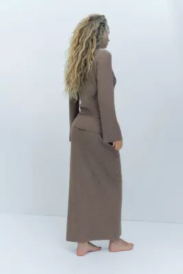 Jupe midi en maille côtelée - Beige — photo 3