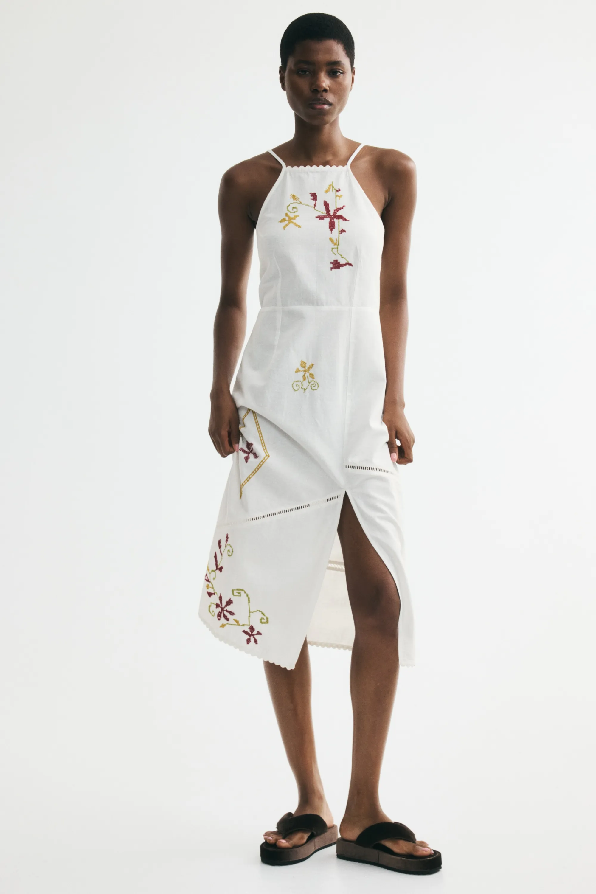 Robe brodée en lin mélangé - Crème/fleurs
