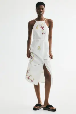 Robe brodée en lin mélangé - Crème/fleurs — photo 1