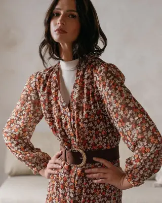 Robe midi imprimée fleurie boutonnée Dione Chocolat – Grace & Mila — photo 3