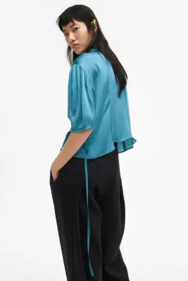 Blouse à manches bouffantes en satin - Turquoise — photo 1