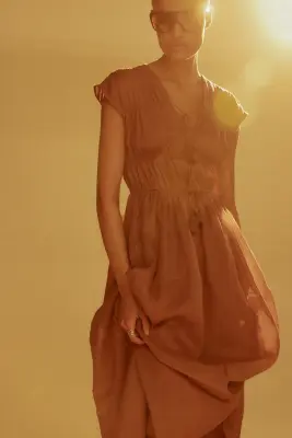 Robe en ramie avec cordons de serrage - Marron — photo 1