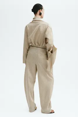 Pantalon barrel en lin mélangé - Beige/rayé — photo 3