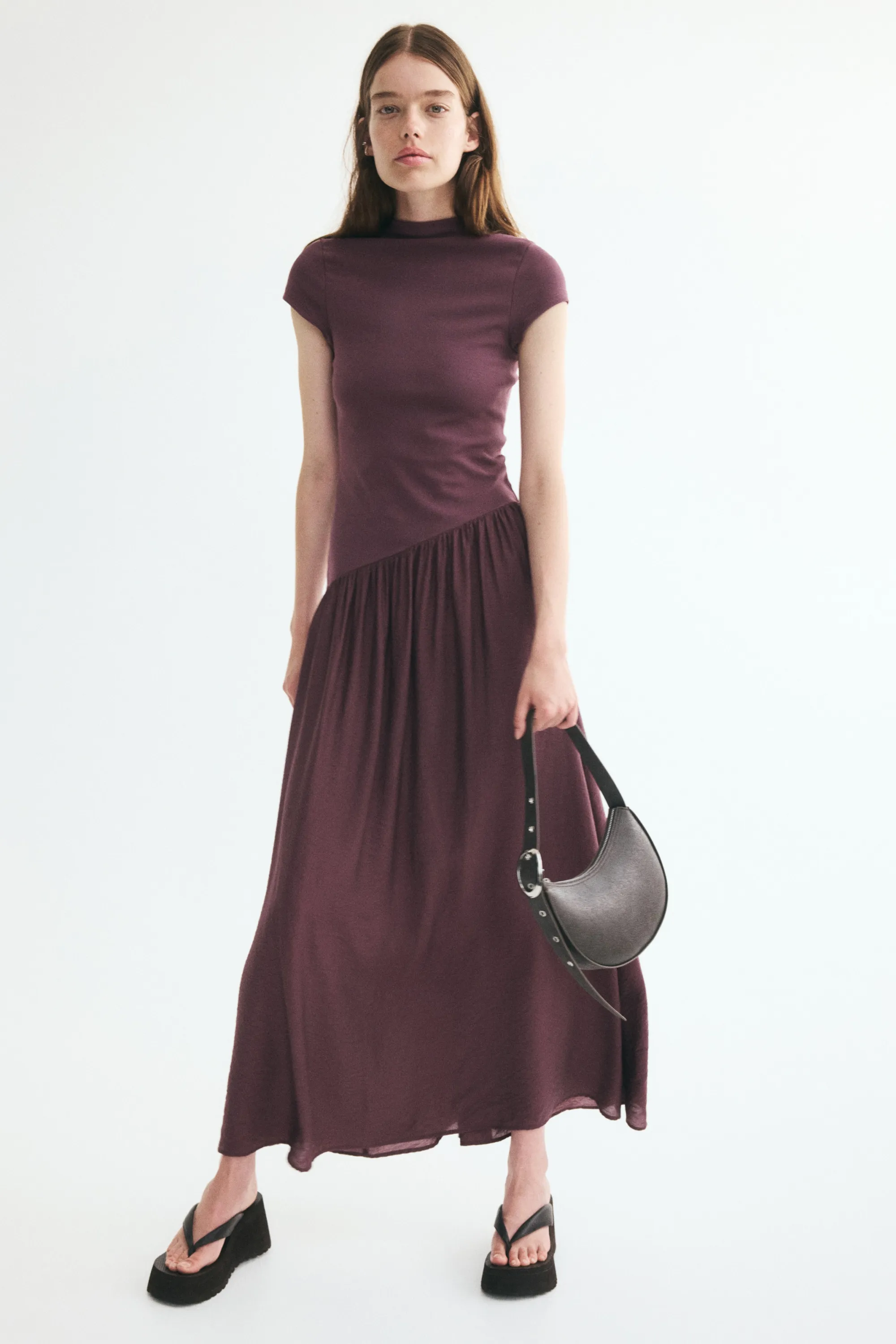 Robe asymétrique bi-matière - Violet prune