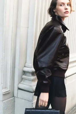Veste en tissu enduit avec col amovible - Marron foncé — photo 3