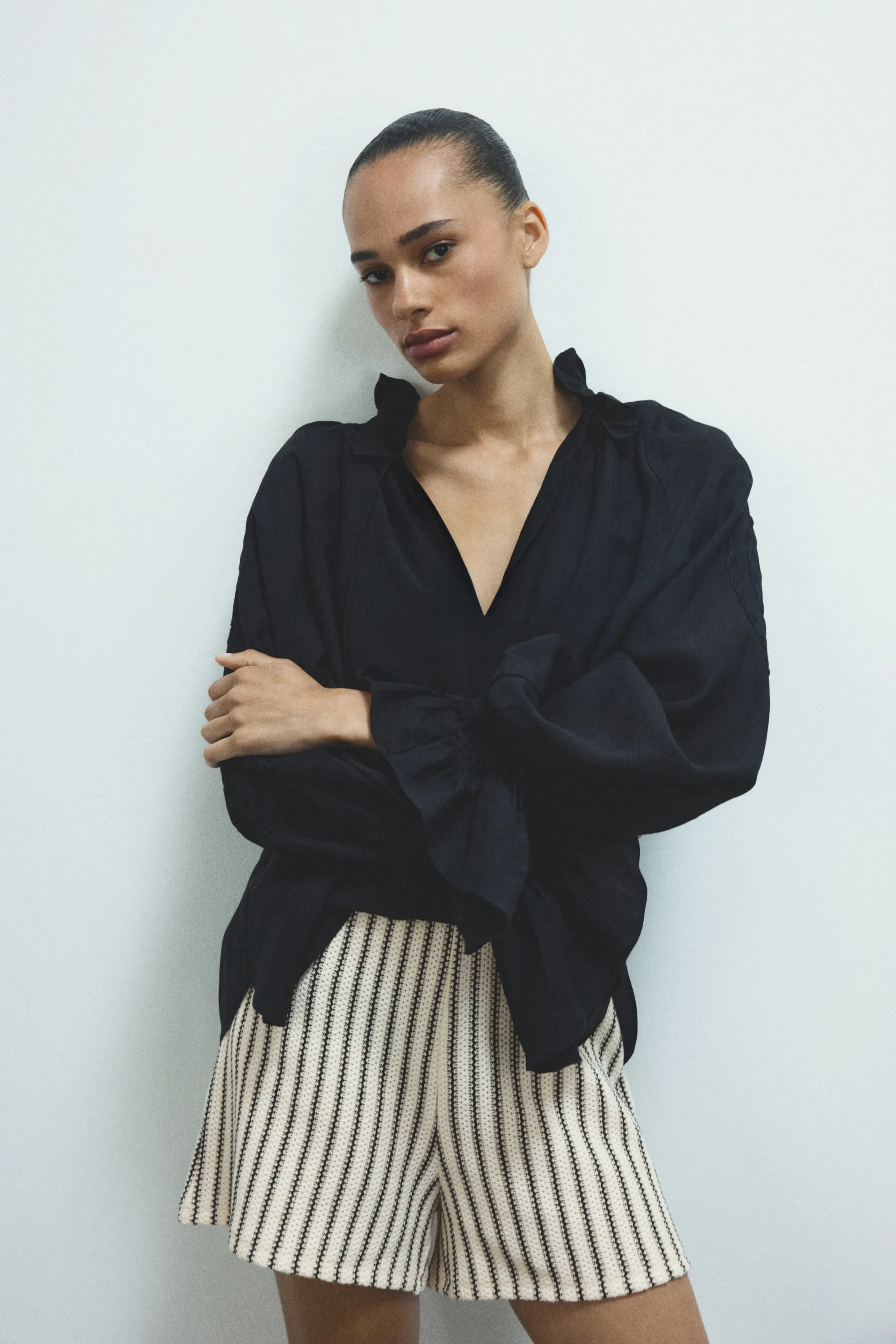 Short en maille avec taille élastique - Crème/rayé