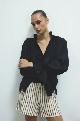 Short en maille avec taille élastique - Crème/rayé — photo 1