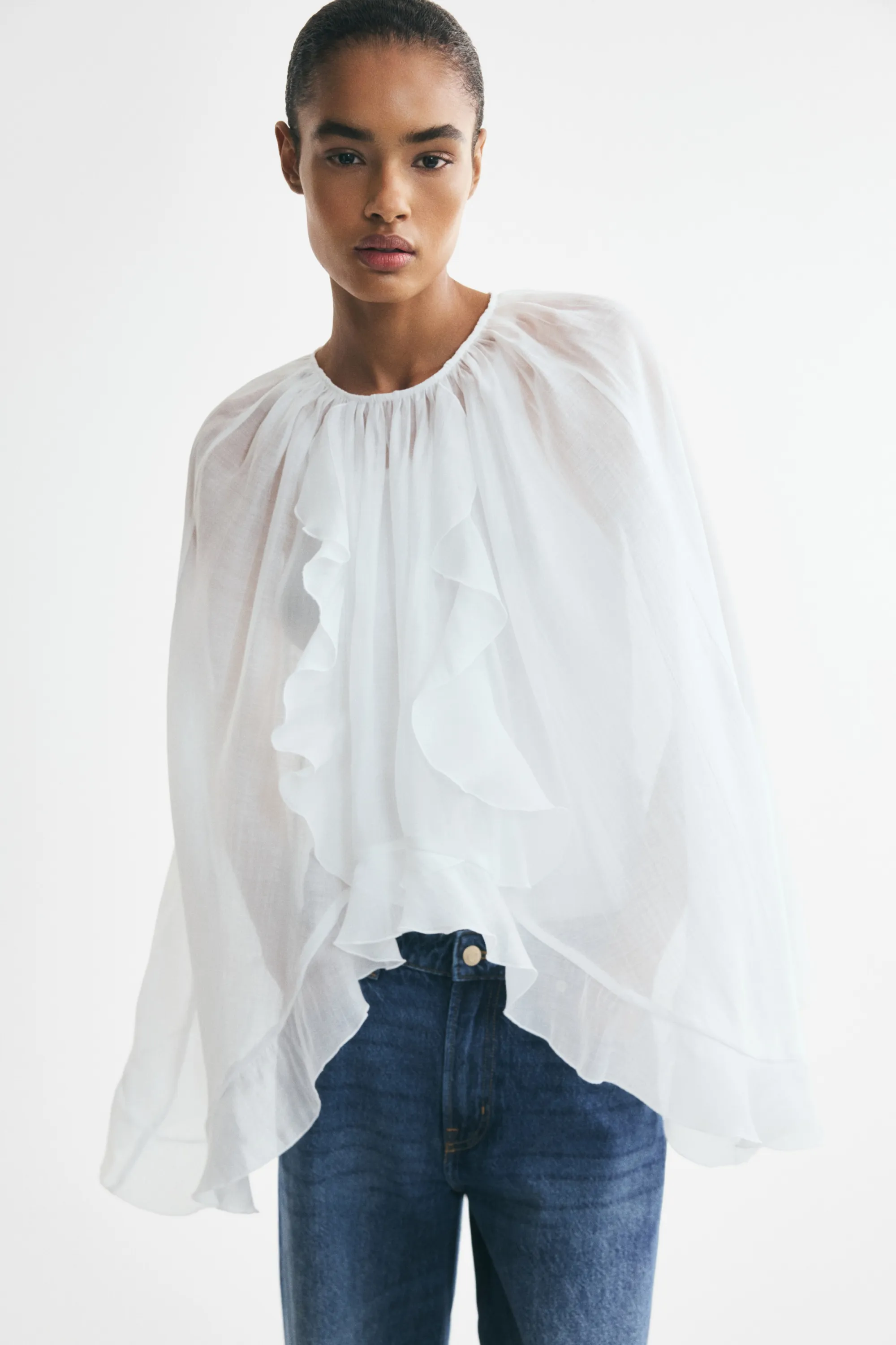 Blouse cape volantée - Blanc