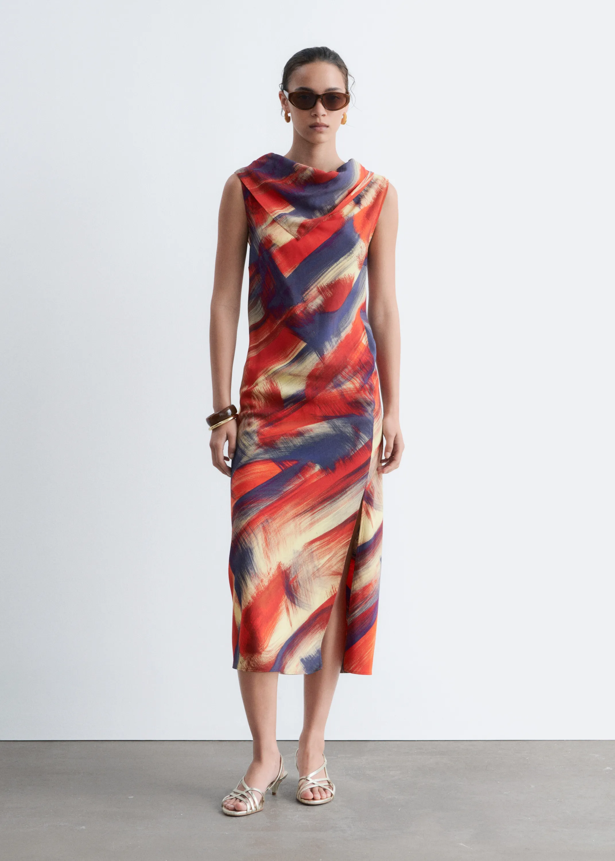 Scarf-Detail Midi Dress - Rouge/Imprimé