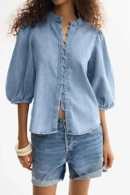 Blouse en denim avec manches bouffantes - Bleu denim — photo 1
