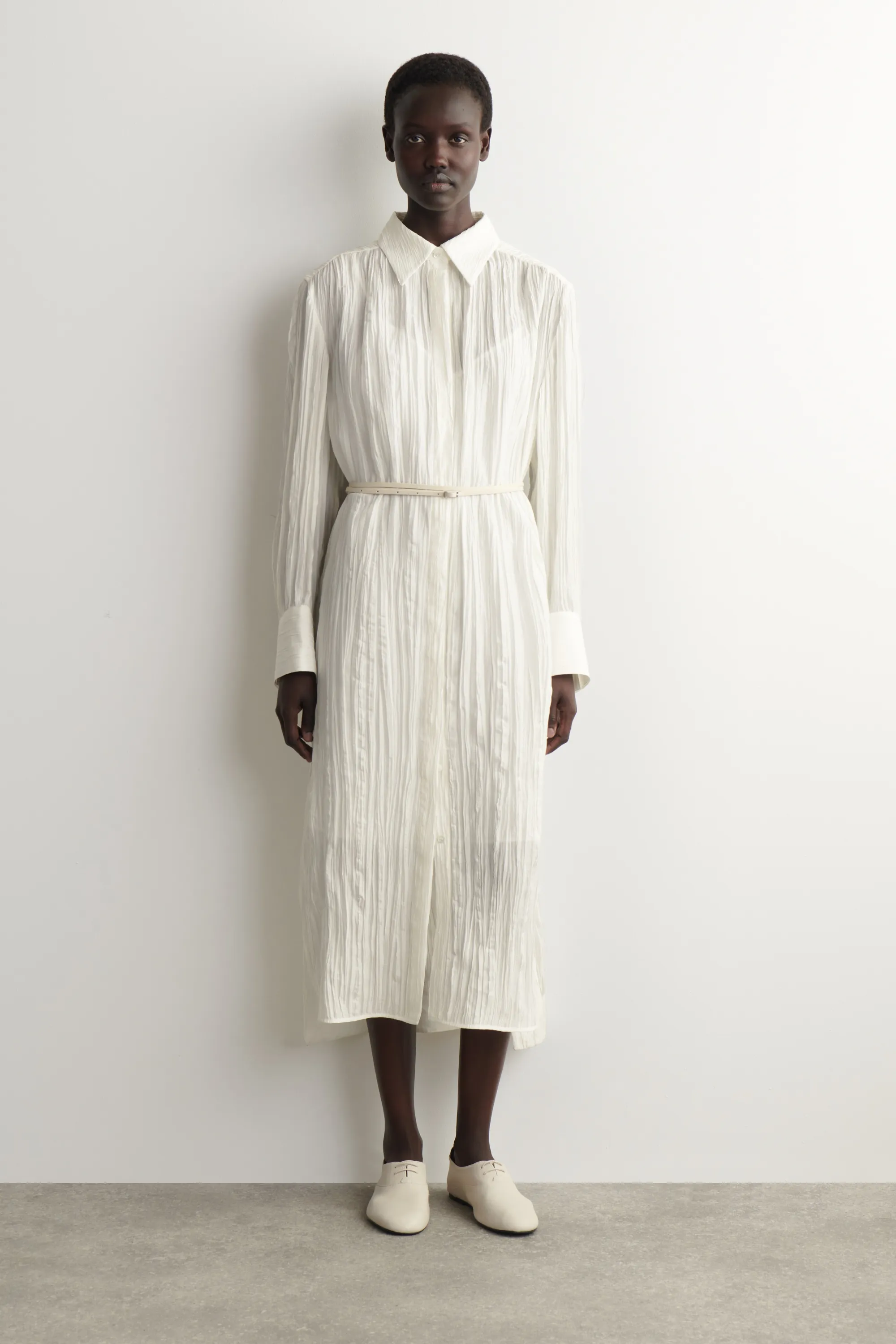 ROBE-CHEMISE MIDI EN SOIE FROISSÉE - BLANC
