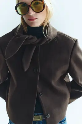 Scarf-collar twill jacket - Marron foncé — photo 2