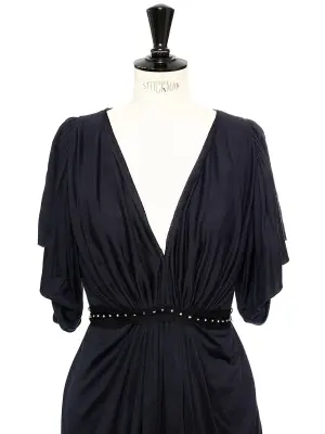 Robe de cocktail drapée en soie et laine gris bleu, ceinture cristal Prix boutique 2000€ Taille 38 — photo 3