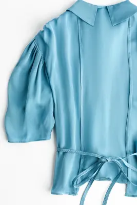 Blouse à manches bouffantes en satin - Turquoise — photo 3
