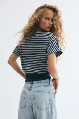 Boat-neck cotton top - Bleu foncé/rayé — photo 3