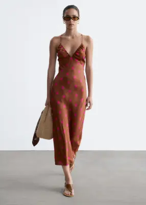 Robe combinaison midi en satin - Brun foncé/À pois — photo 1