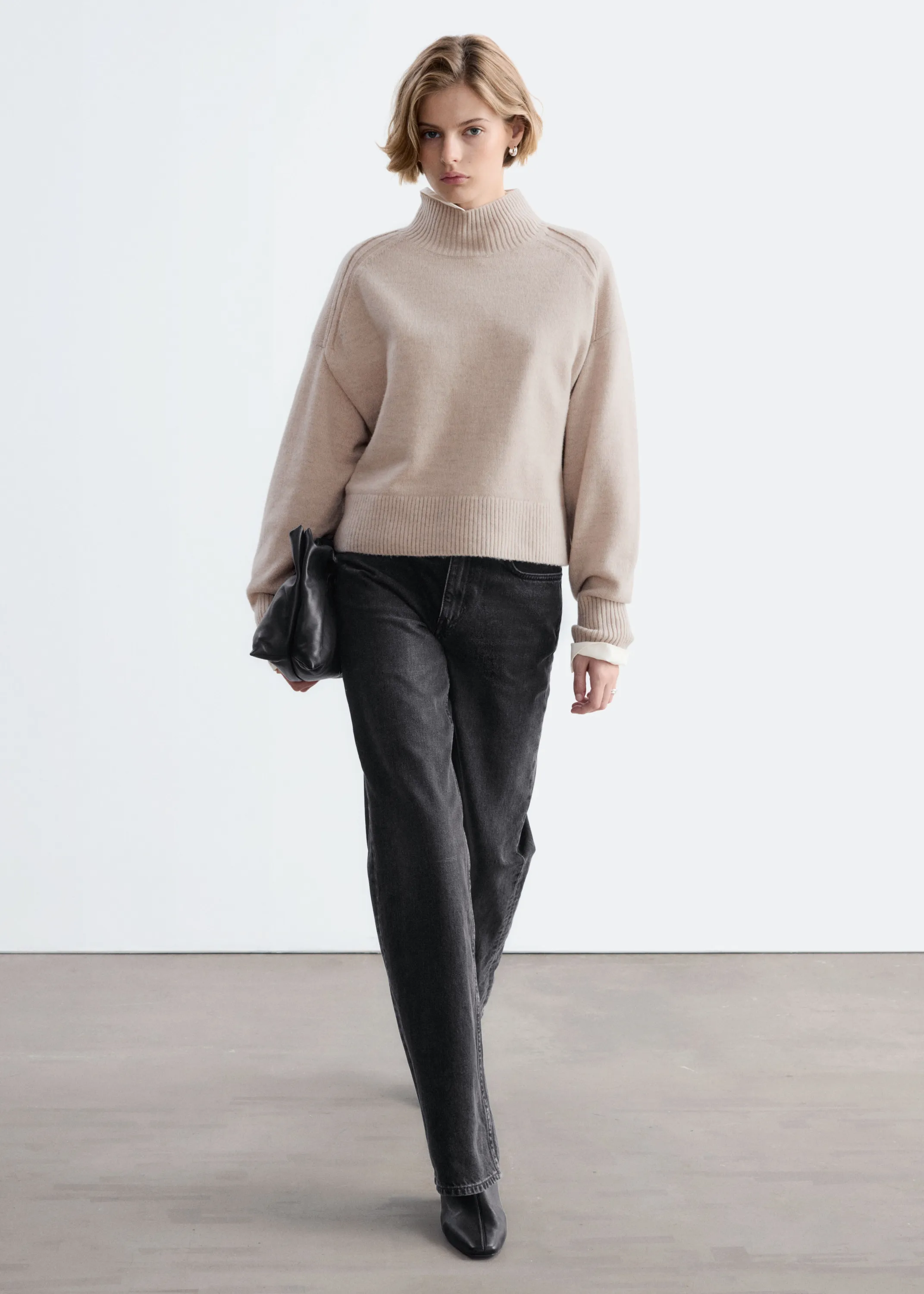 Pull à col montant en laine et coton - Taupe clair