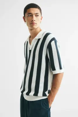 Polo Relaxed fit en maille ajourée - Crème/rayé — photo 4