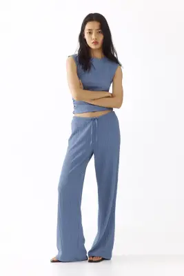 Pantalon en jersey texturé - Bleu pigeon — photo 2