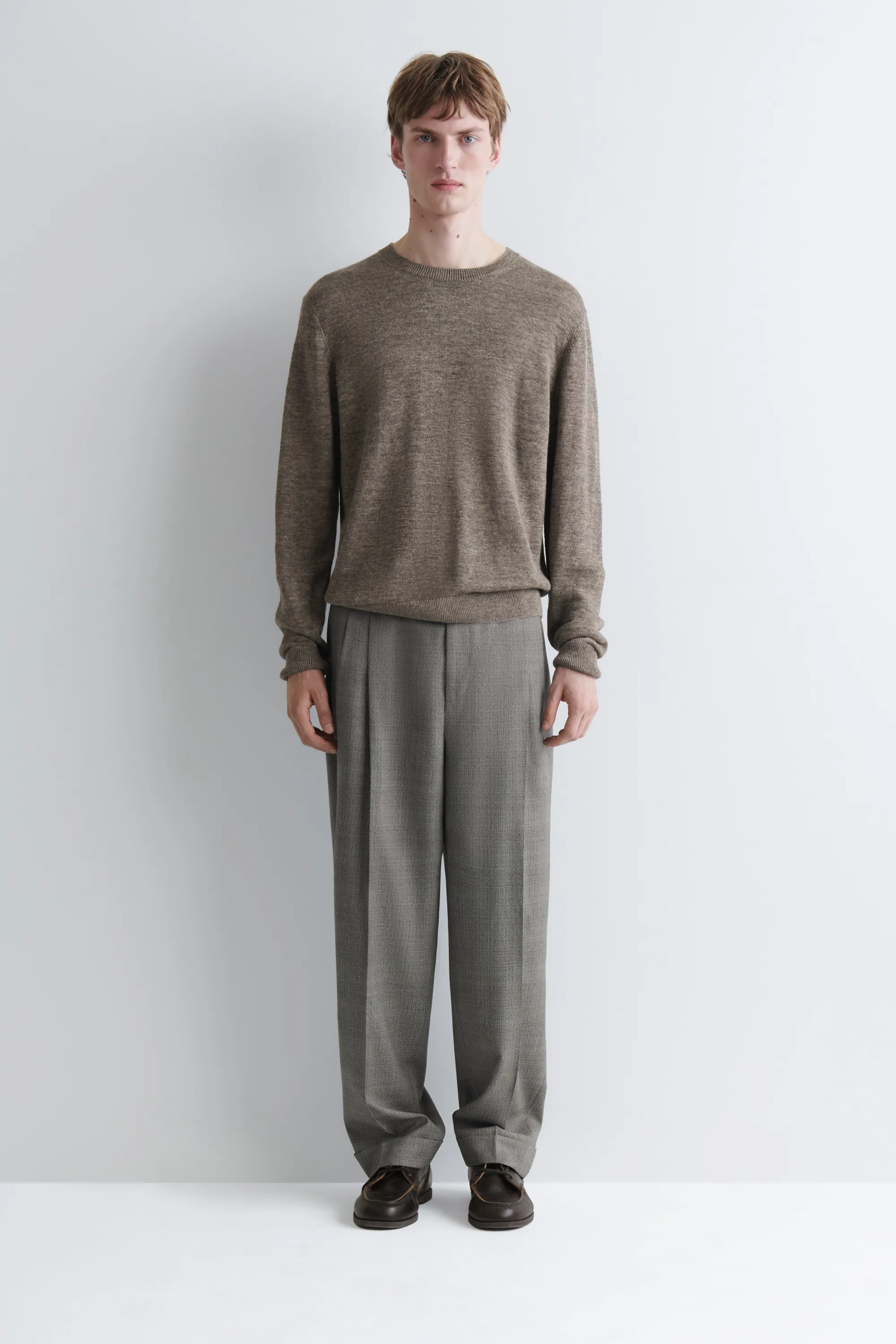 PANTALON FUSEAU DÉCONTRACTÉ EN LAINE TEXTURÉE - BEIGE / CARREAUX