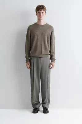PANTALON FUSEAU DÉCONTRACTÉ EN LAINE TEXTURÉE - BEIGE / CARREAUX — photo 1