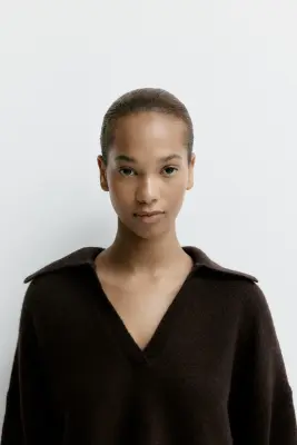 Pull en maille fine avec col - Marron foncé — photo 1