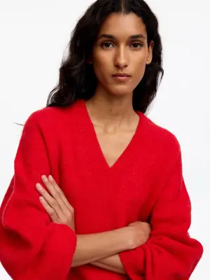 Pull col V en mélange de laine et d'alpaga - Rouge — photo 2