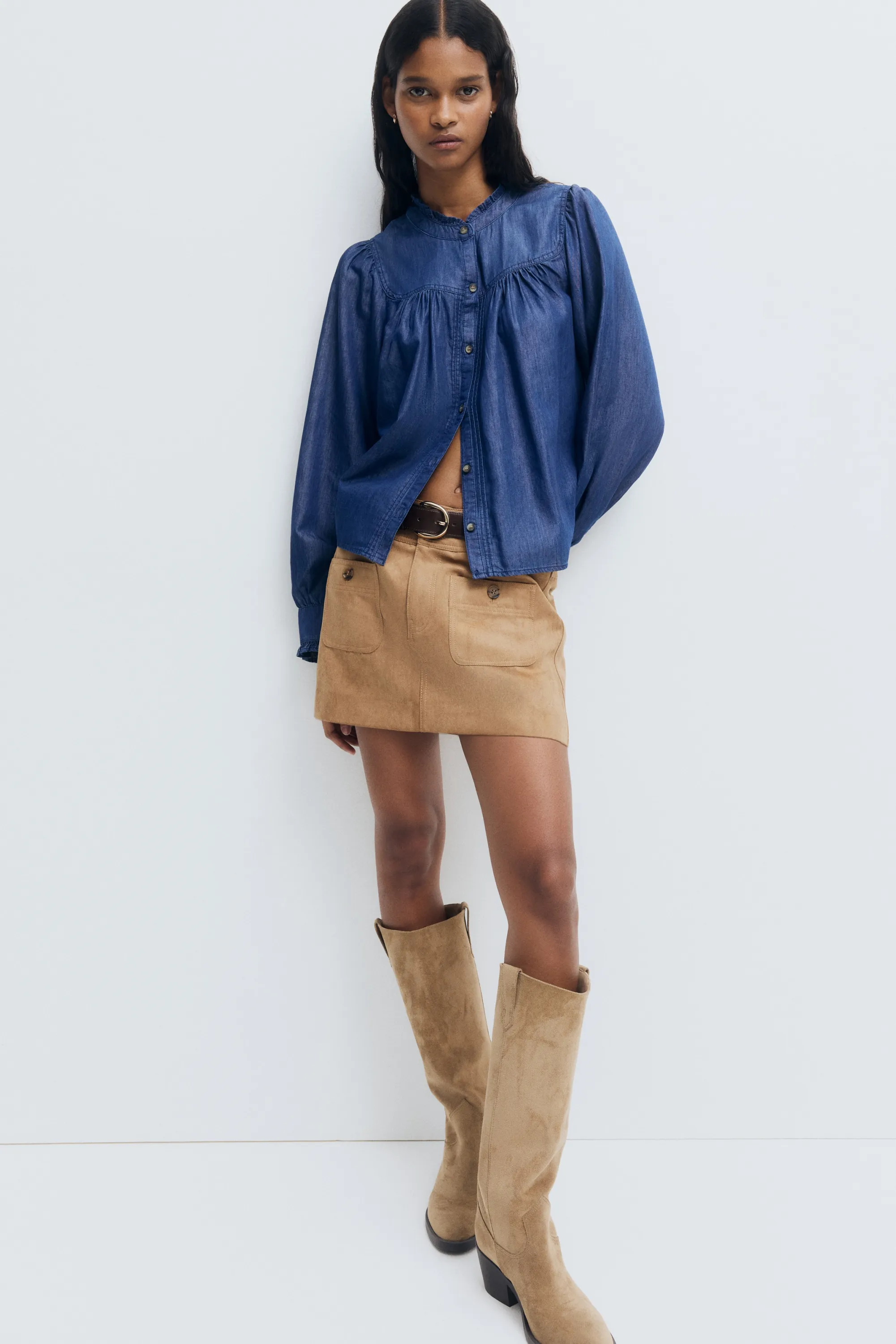 Blouse volantée en denim - Bleu denim foncé