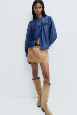 Blouse volantée en denim - Bleu denim foncé — photo 1