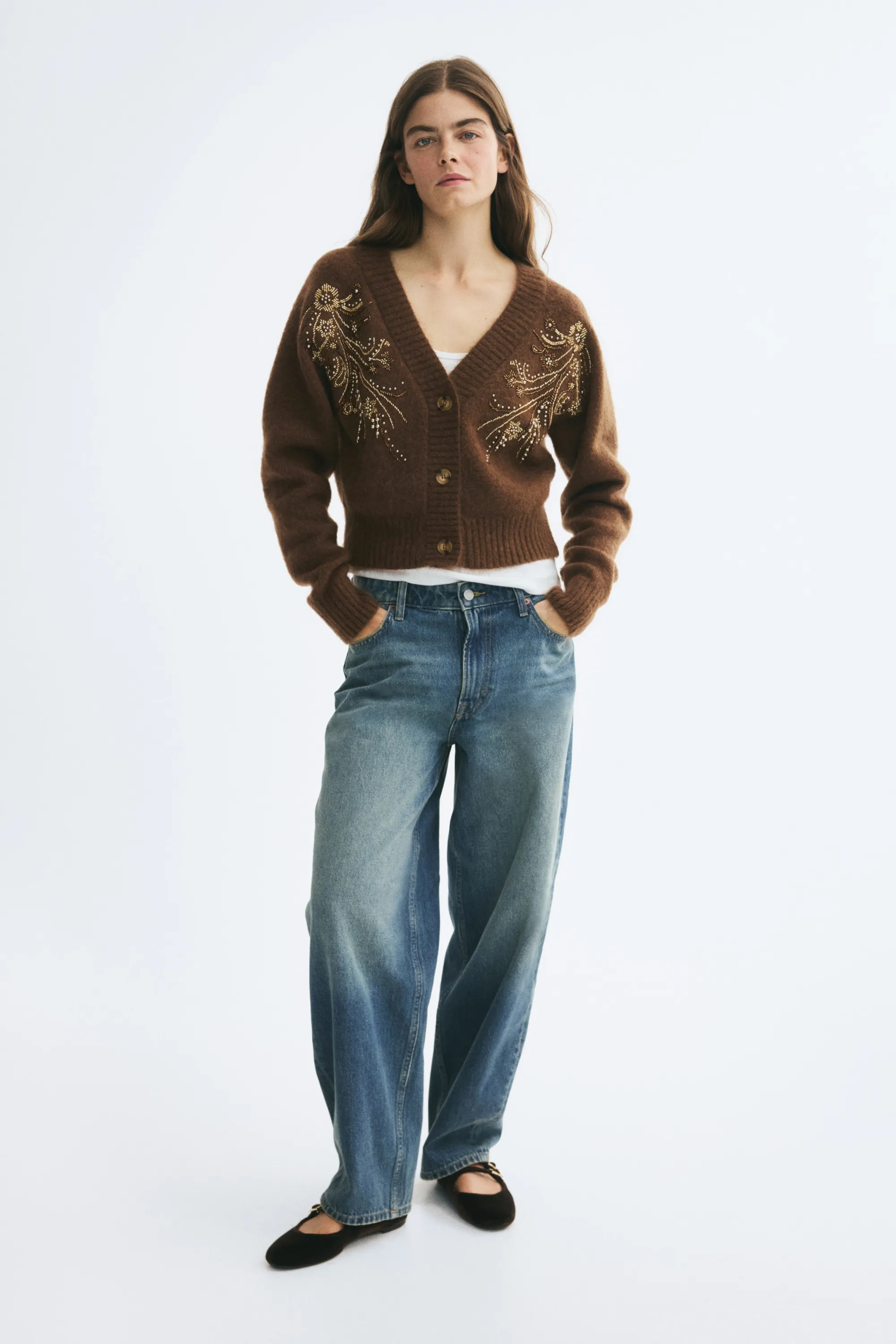 Gilet en mohair mélangé avec perles fantaisie - Marron foncé