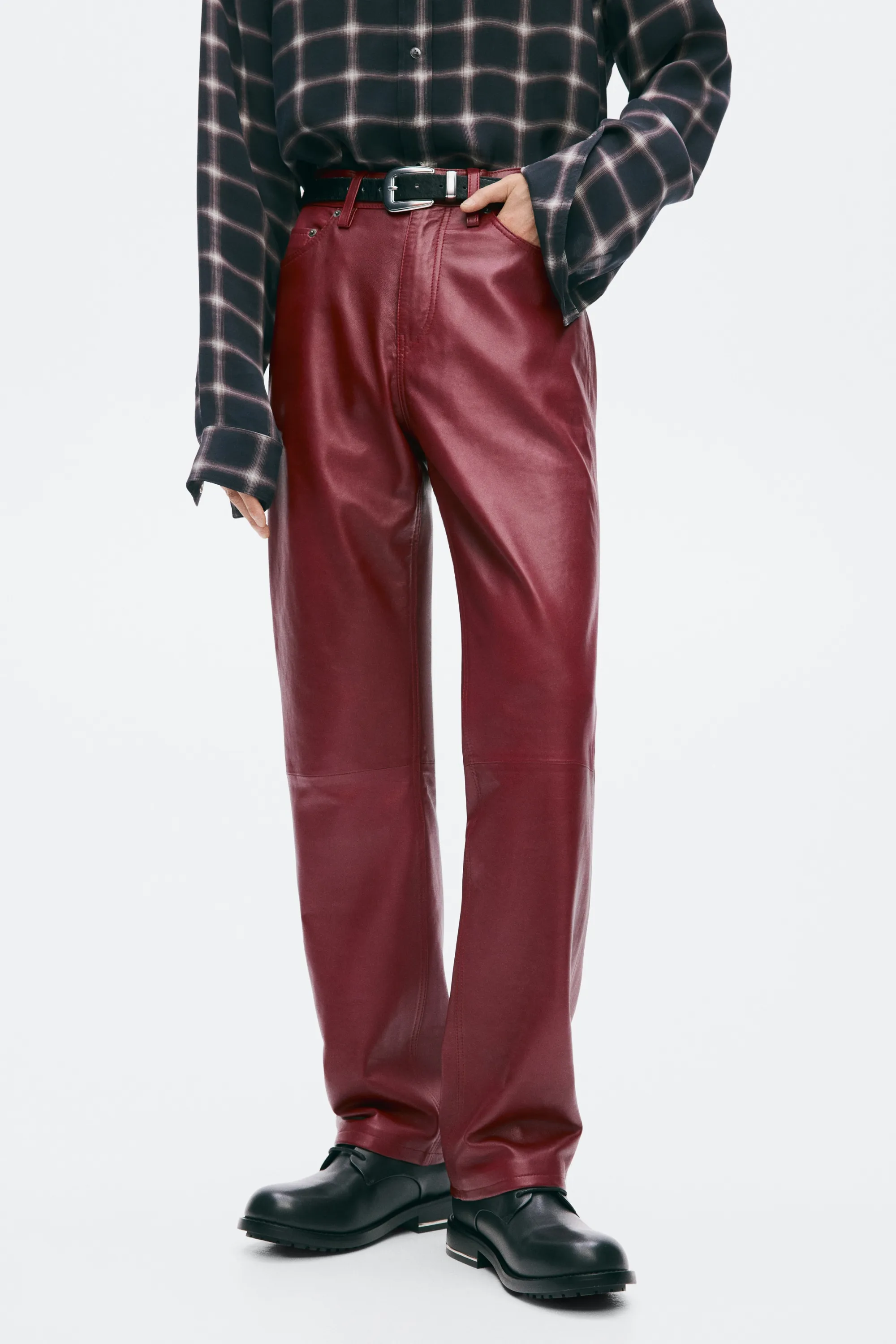 Pantalon Regular Fit en cuir - Rouge foncé